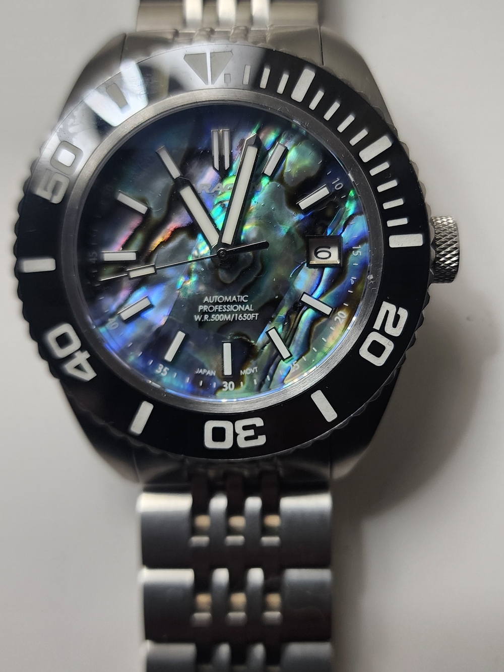 Aragon Automatic Diver Watch with Black Bezel and Abalone Dial